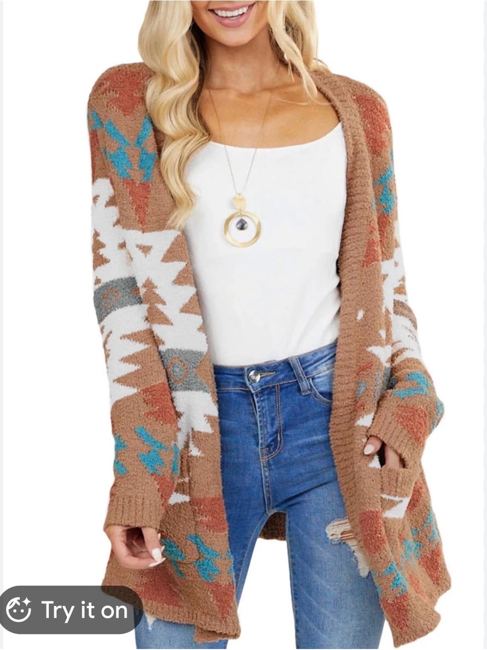 Cozy Southwestern Aztec Knit Cardigan in Rust & Cream - Picture 11 of 11